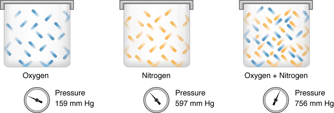Three identical sealed containers, each with a pressure gauge below it. The first holds only oxygen molecules and its gauge reads 159 mm Hg. The second holds only nitrogen molecules and reads 597 mm Hg. The third holds both sets of molecules mixed together and reads 756 mm Hg, the sum of the other two.